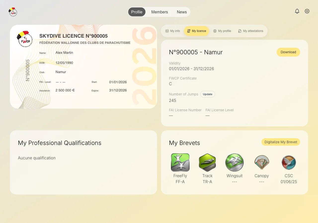 Een hoger sprongaantal aanvragen met een bewijsbestand. — Open Profile en "My licence". Kies Update naast Number of Jumps.