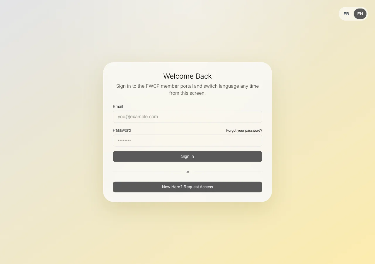 Toegang aanvragen met uw geregistreerde e-mailadres en licentienummer. — Kies op het aanmeldscherm "New Here? Request Access". Vul het e-mailadres in dat uw club kent en uw licentienummer, alleen met cijfers.