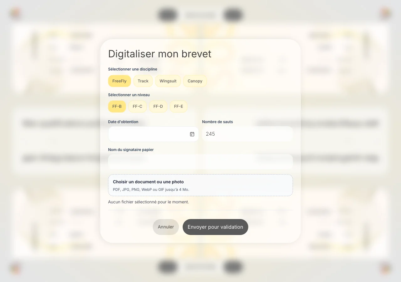 Formulaire de digitalisation d’un brevet papier avec un accès Membre. — Choisissez la discipline et le niveau. Pour un cours sous voile, indiquez aussi l’école et le niveau du cours.