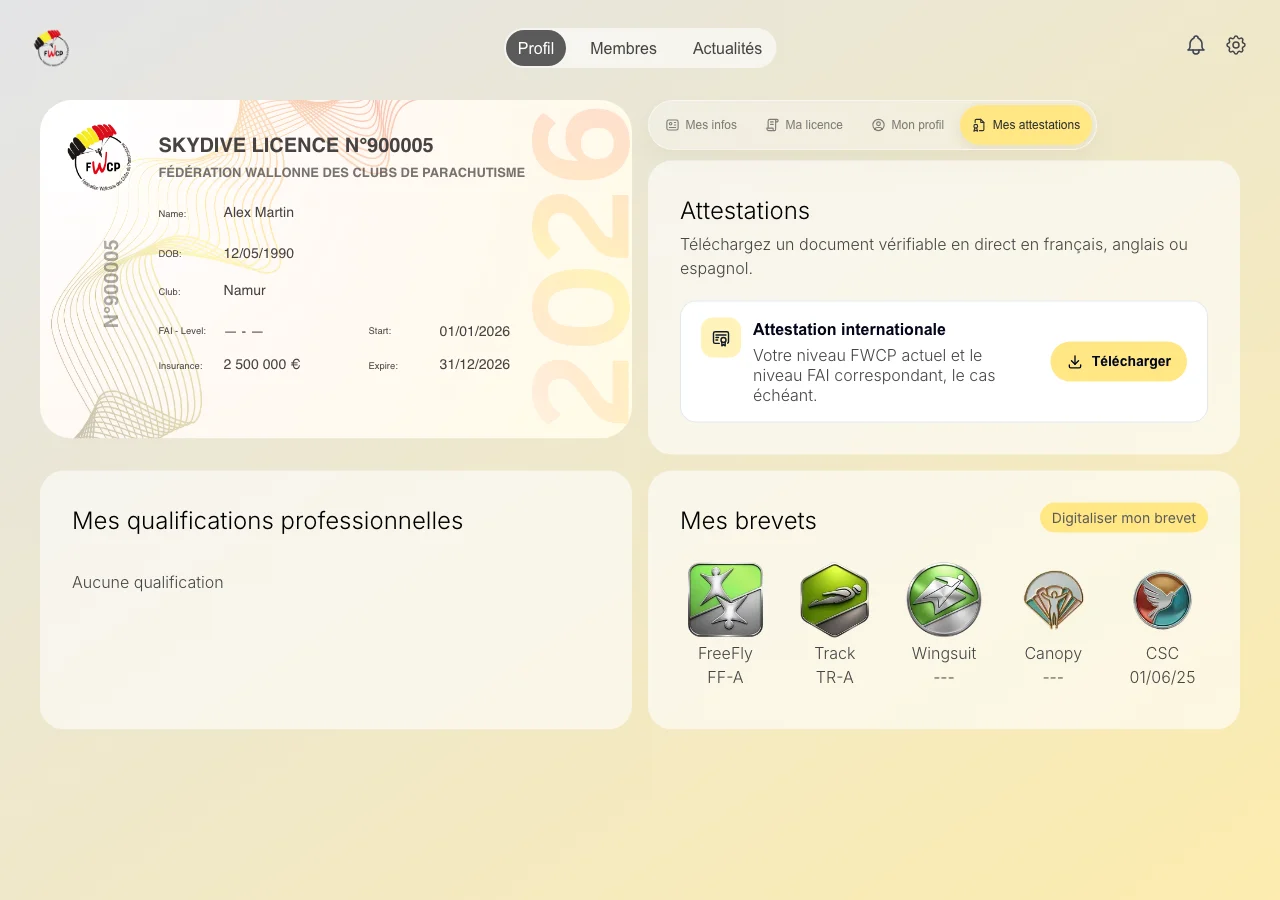 Attestations du membre et options de téléchargement disponibles. — Ouvrez « Mes attestations » pour consulter les documents disponibles pour votre compte.