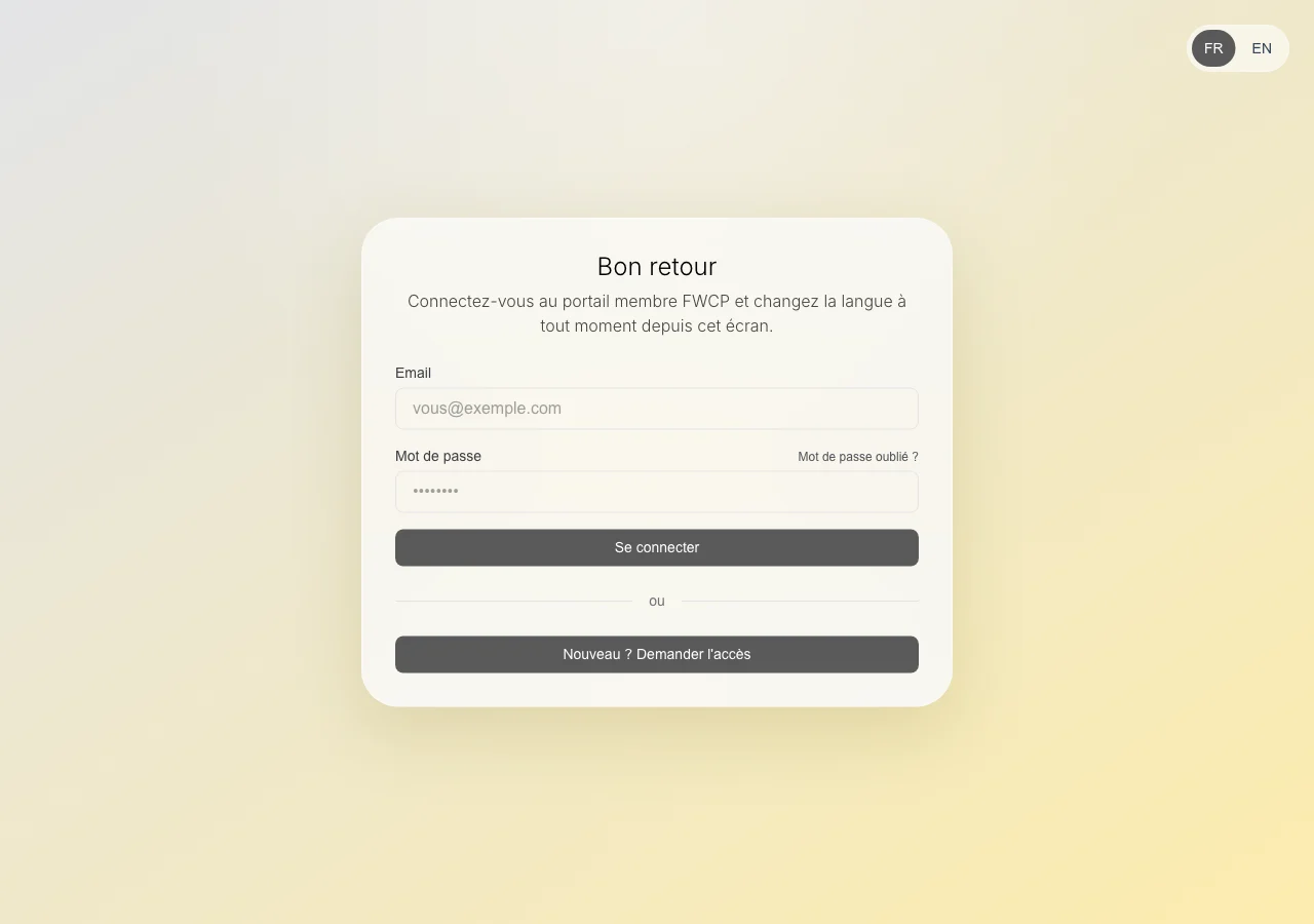 Demande d’accès avec l’adresse e-mail et le numéro de licence. — Sur l’écran de connexion, choisissez « Nouveau ? Demander l’accès ». Saisissez l’adresse e-mail connue de votre club et votre numéro de licence, avec les chiffres uniquement.