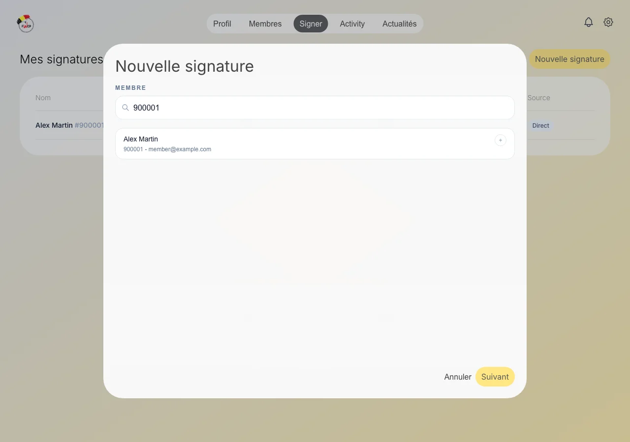 Formulaire de signature d’un membre qualifié, sans rôle de gestion. — Recherchez et sélectionnez le membre concerné. Vérifiez son identité et sa licence, puis choisissez Suivant.