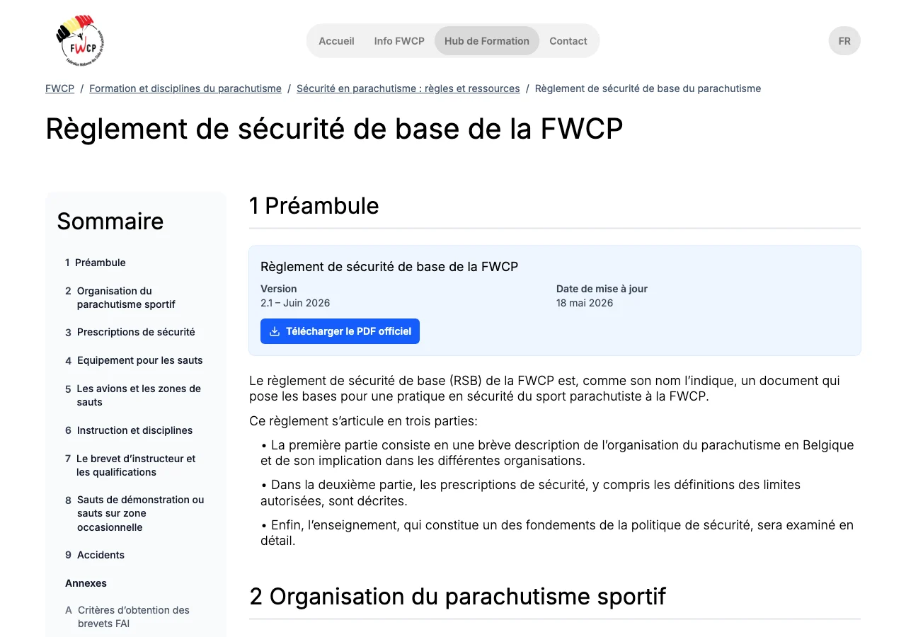 La version du RSB et le bouton Télécharger le PDF officiel. — Sur mobile, descendez après le sommaire ou masquez-le. Au début du document, consultez la version et la date de mise à jour, puis sélectionnez « Télécharger le PDF officiel » pour enregistrer la version publiée.